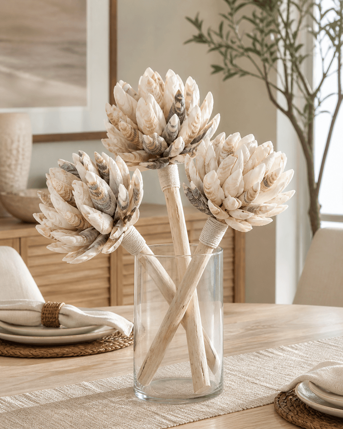 Cream shell bloom bouquet on a coastal dining table